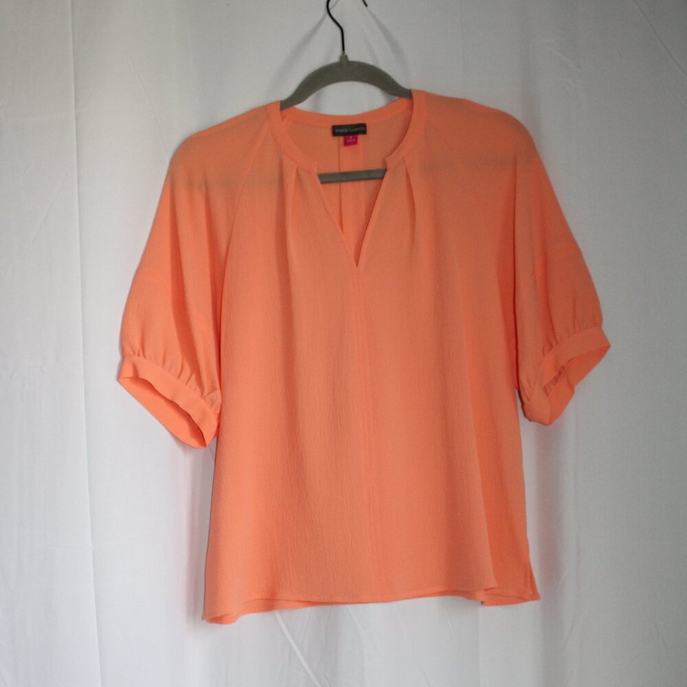 Vince Camuto Bright Orange Blossom Crinkle Crepe Pleated Blouse Flowy Light S